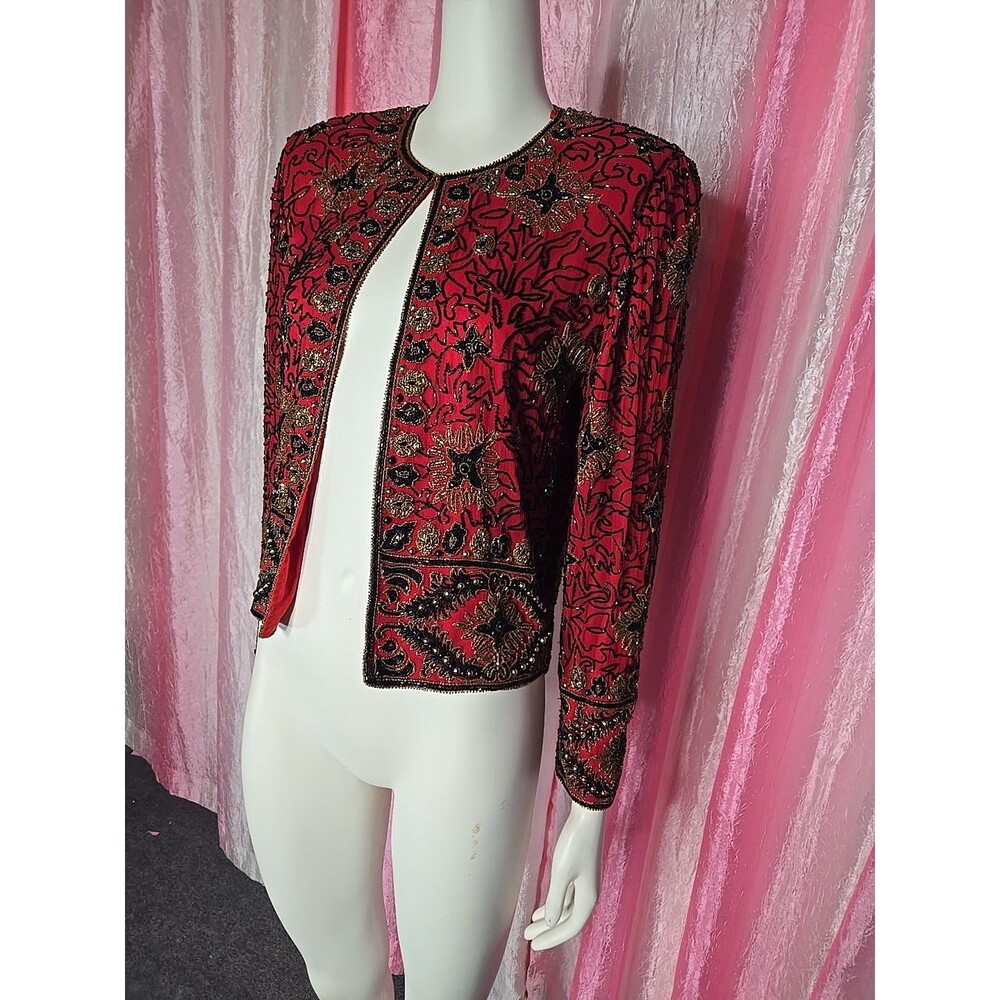 Vintage Adrianna Papell Red Silk Exquisite Beaded Evening Jacket Size 8 - Picture 5 of 16